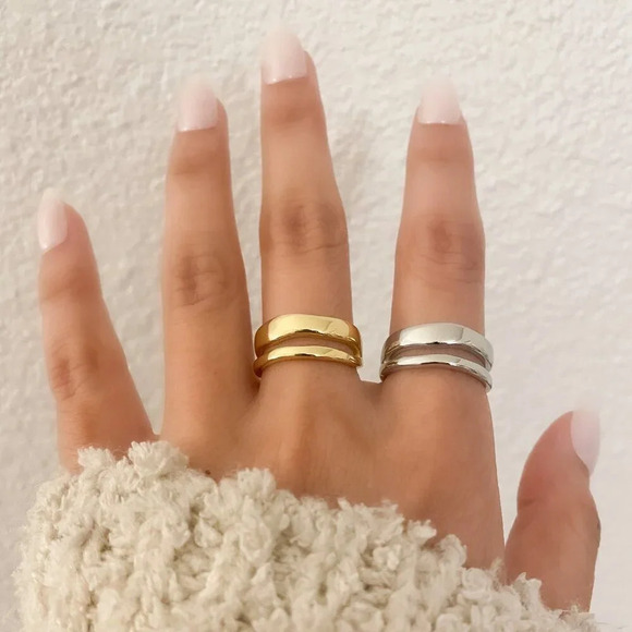925 Sterling Silver Dainty Minimalist Ring Stackable Double Layer Ring Band - Picture 7 of 9